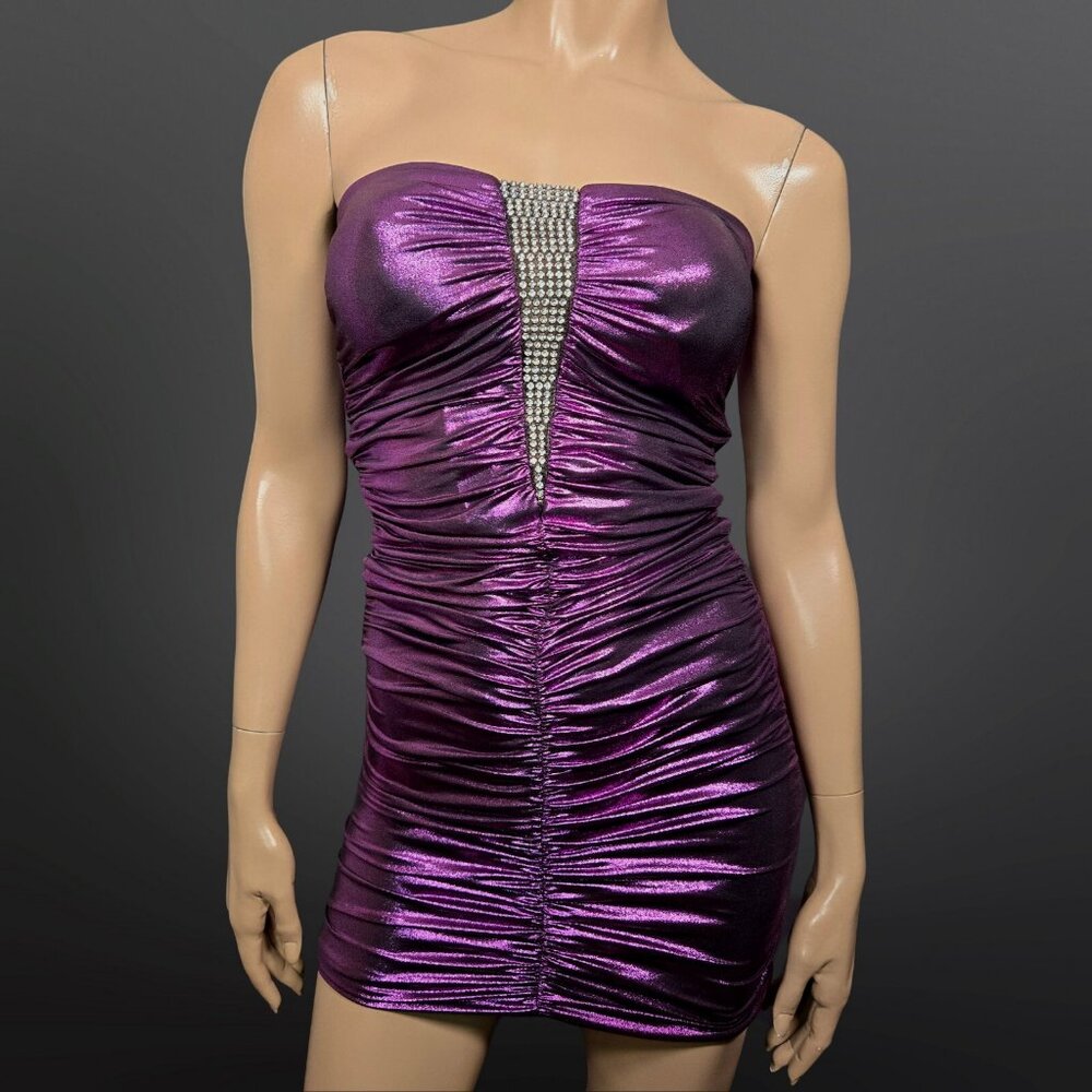 Y2K Trashy Mcbling Mini Dress Size S Purple metallic Rhinestone Strapless Ruched
